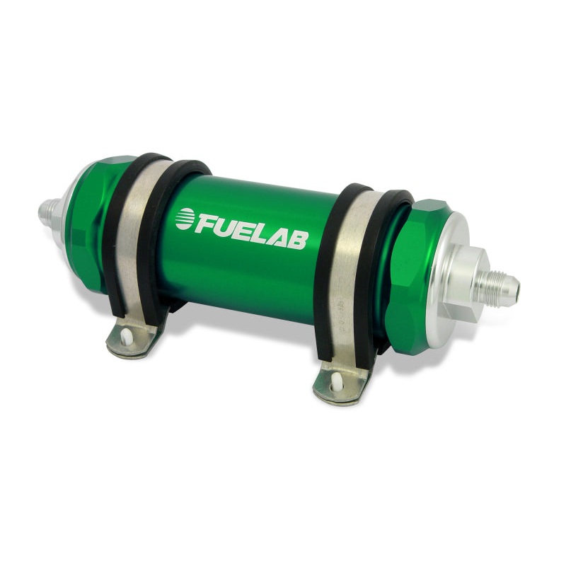 Fuelab 828 In-Line Fuel Filter Long -12AN In/-8AN Out 10 Micron Fabric – Green