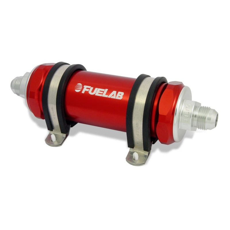 Fuelab 828 In-Line Fuel Filter Long -6AN In/-10AN Out 6 Micron Fiberglass – Red