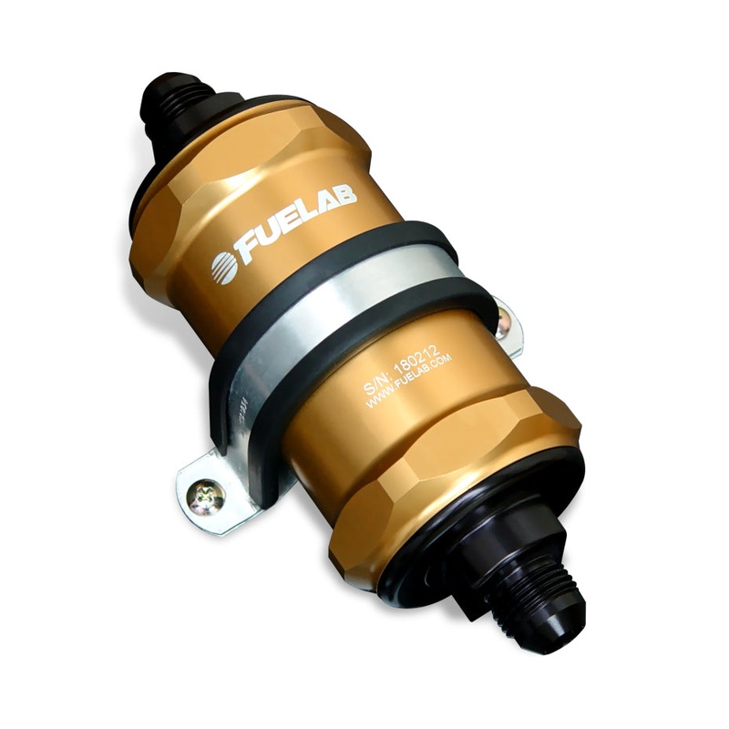 Fuelab 818 In-Line Fuel Filter Standard -12AN In/Out 10 Micron Fabric – Gold
