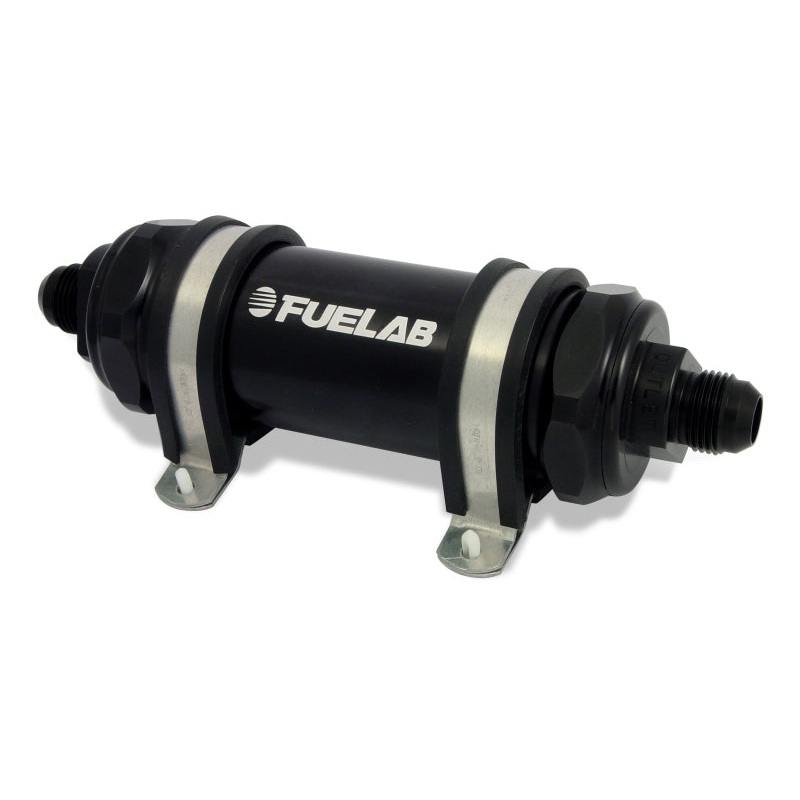 Fuelab 828 In-Line Fuel Filter Long -6AN In/Out 10 Micron Fabric – Black