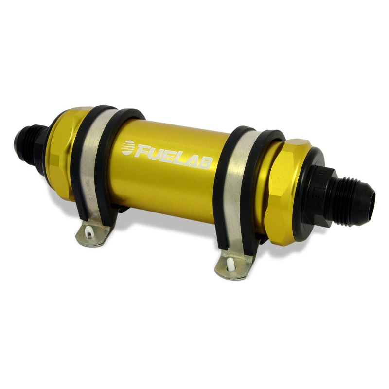 Fuelab 828 In-Line Fuel Filter Long -6AN In/-10AN Out 10 Micron Fabric – Gold