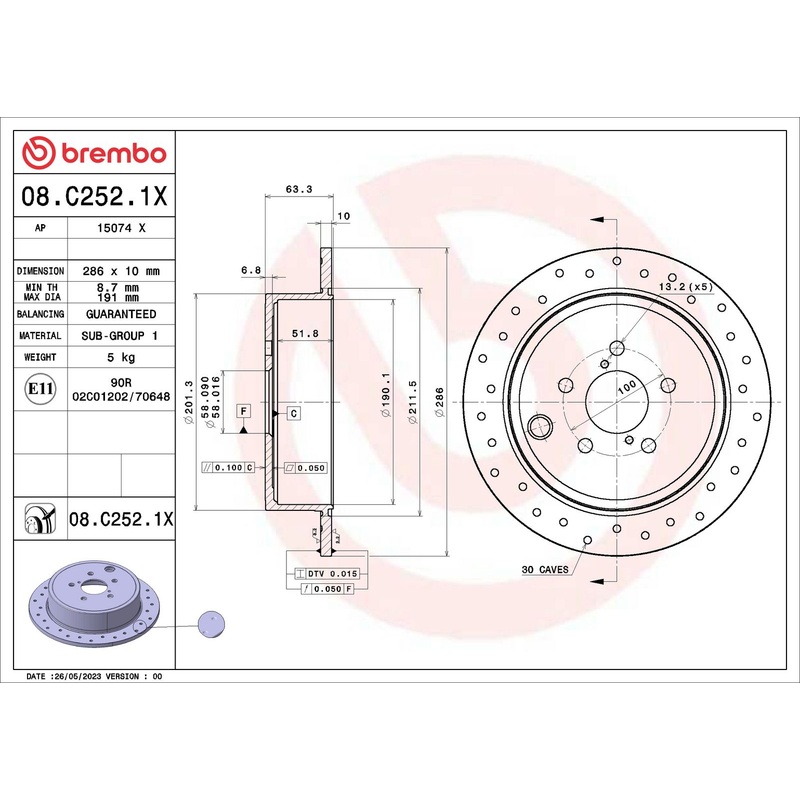 XTRA Drilled Rear Disc Brake Rotor – 08.C252.1X