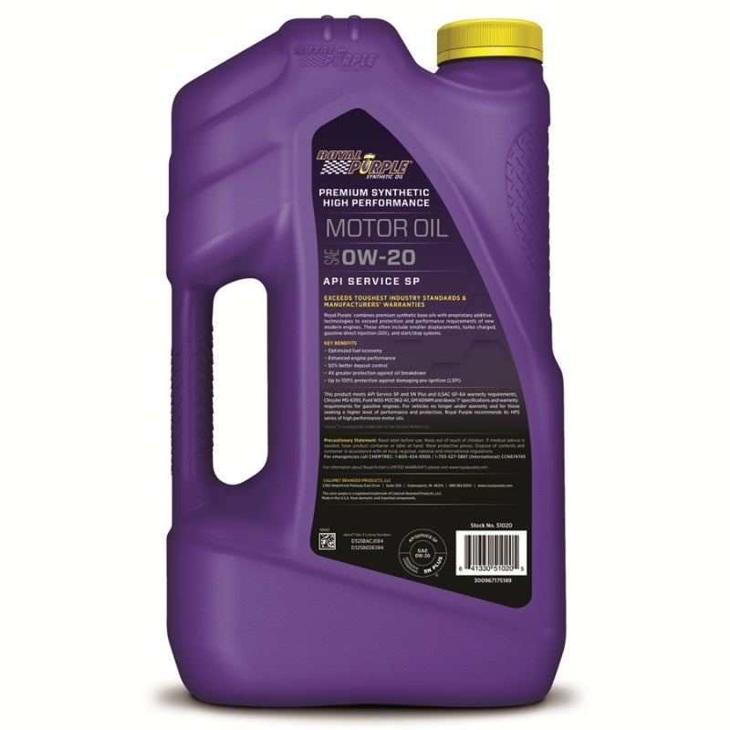 Royal Purple Premium Synthetic High Performance Multi-Grade 0W-20 Motor Oil – 5 Quart