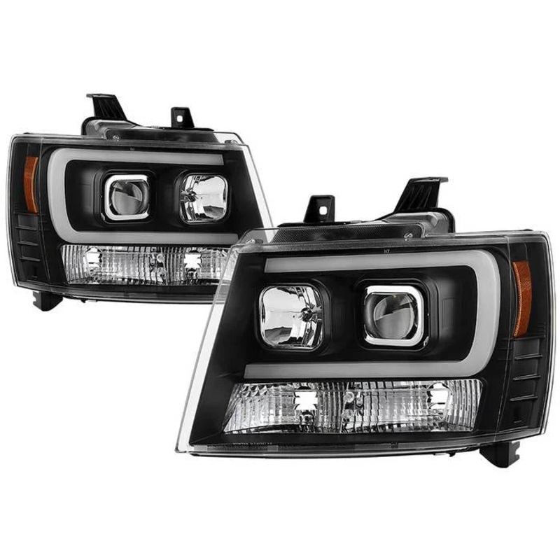 2007-2014 Chevy Suburban 1500/2500 / 2007-2014 Chevy Tahoe / 2007-2014 Avalanche Version 2 Projector Headlights – High H1 (Included) – Switch Back Turn Signal Light Bar – Low H7 (Included)  Signal-LED (Included) – Black
