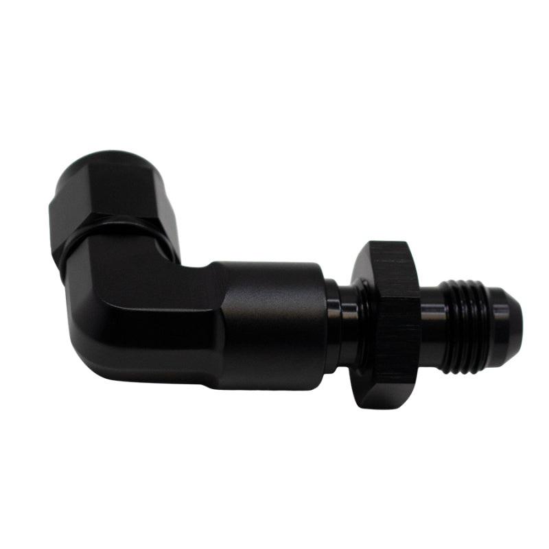 DeatschWerks 6AN Female Flare Swivel to 6AN Male Flare 90-Degree Bulkhead – Anodized Matte Black